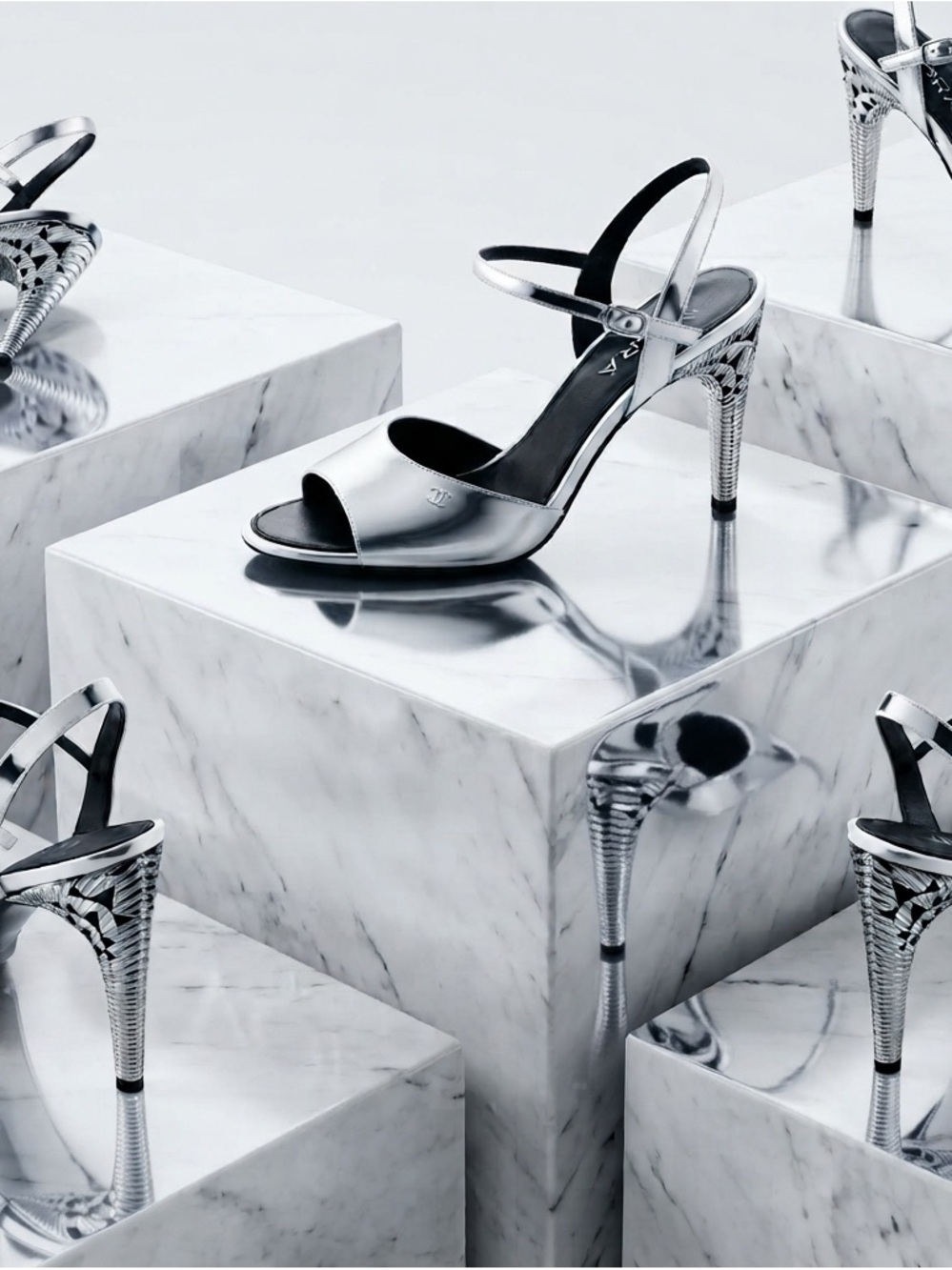 CHANEL Silver high shine mirror like effect Open-yToe Slingback Heels